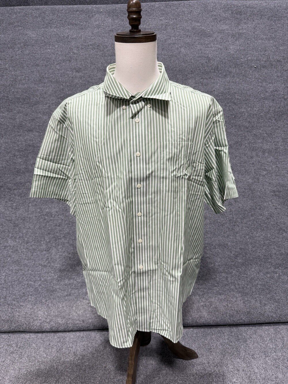 LLBean Mens XXL Reg Short Sleeve Button Down Shirt Green White Stripe Cotton